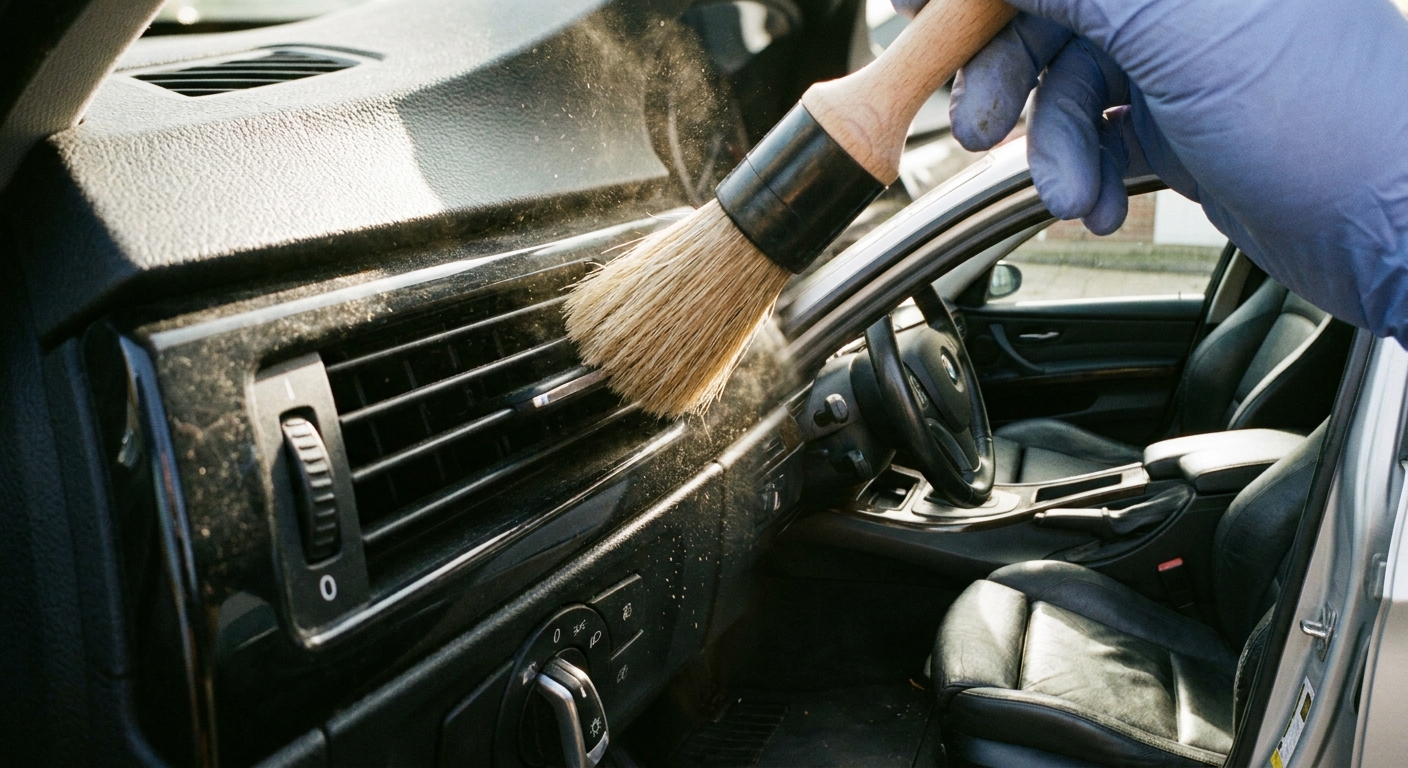 A small detailing brush cleaning dust from black dashboard air vent slats in a parked vehicle