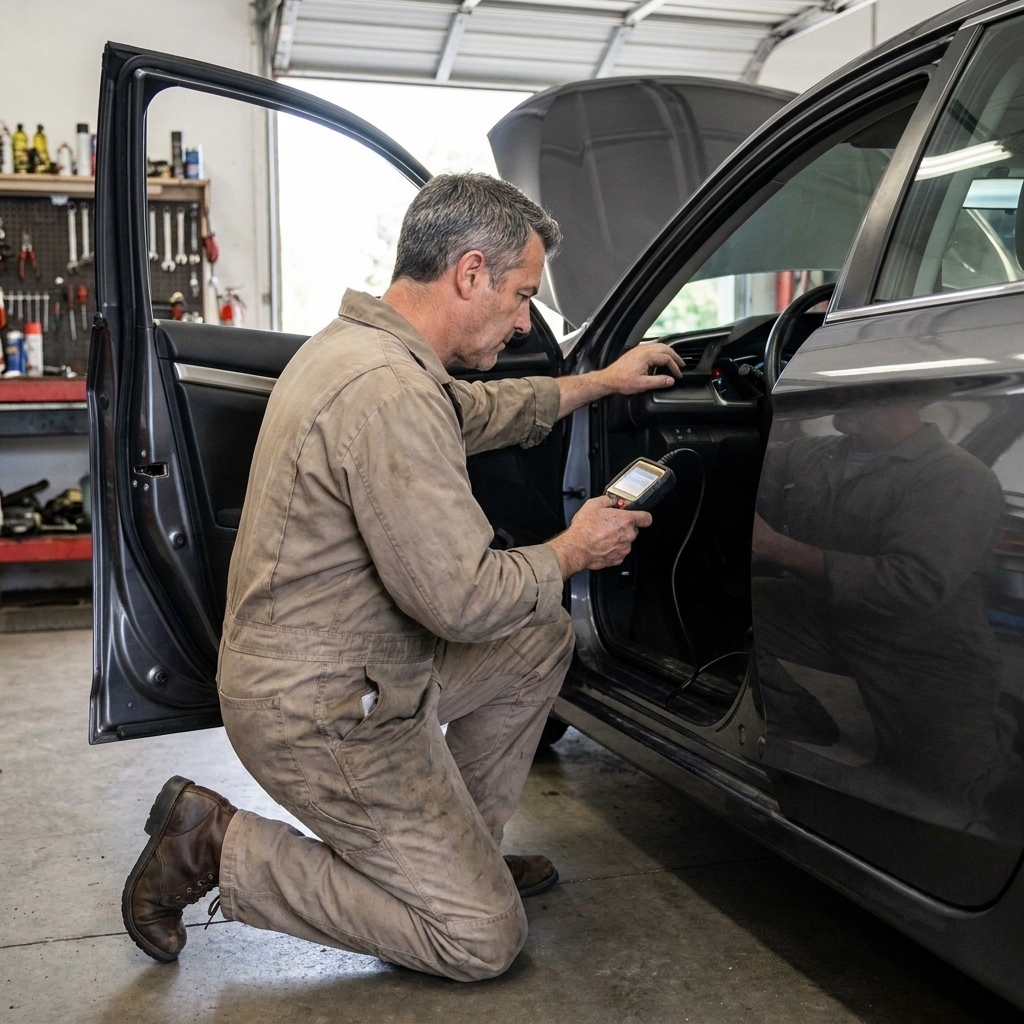 A technician holding an OBD2 scan tool at a vehicle’s driver-side area during a diagnostic check.
