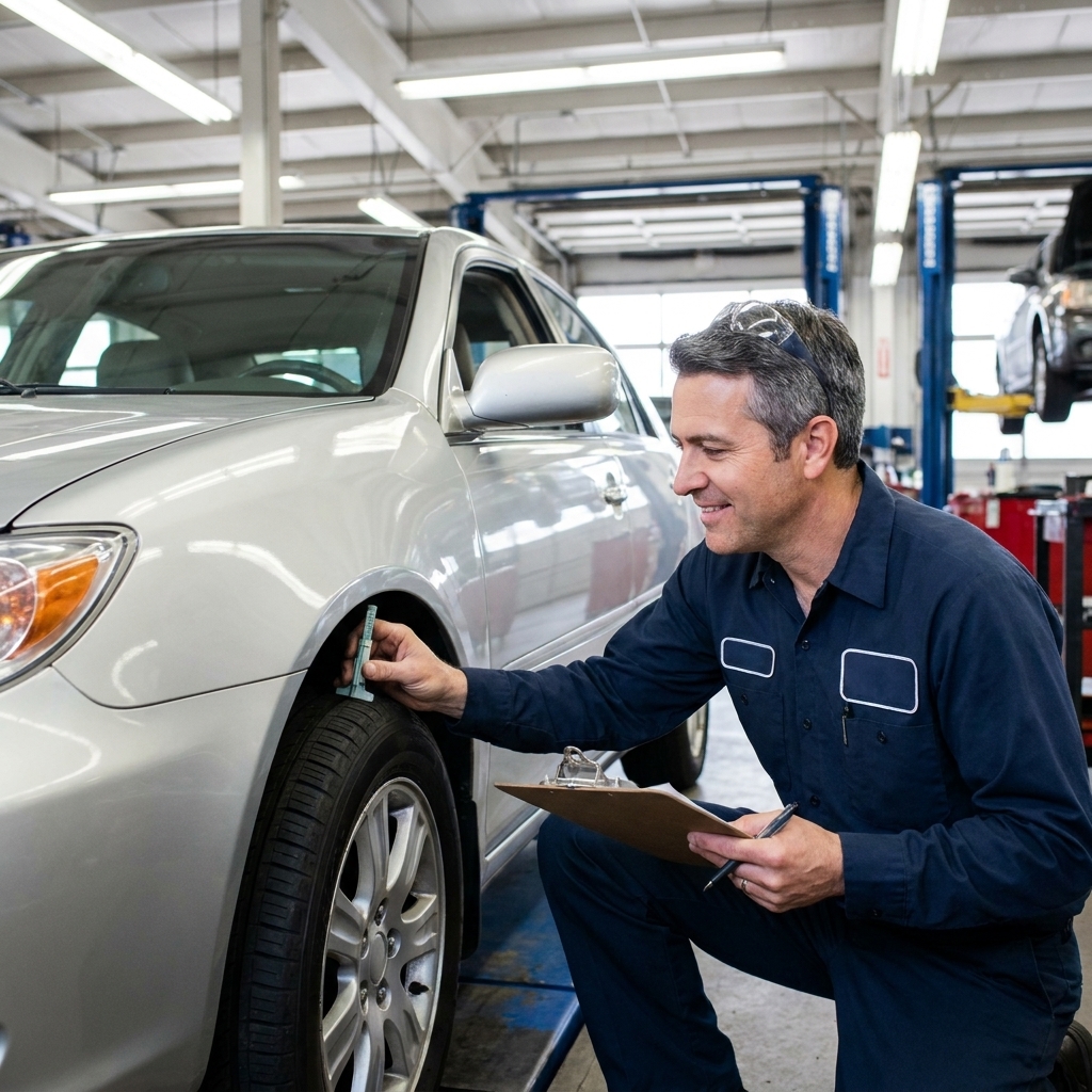 A technician in a service bay inspects a sedan with a clipboard while checking tire tread depth and wheel condition under bright shop lights.