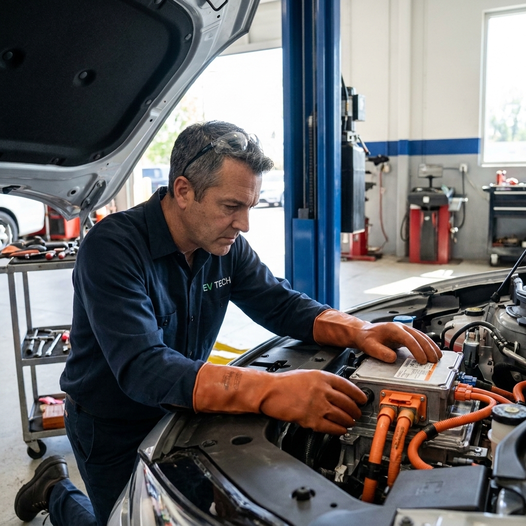 A technician in a service bay wearing protective gloves while working near an electric vehicle with orange high-voltage cables visible