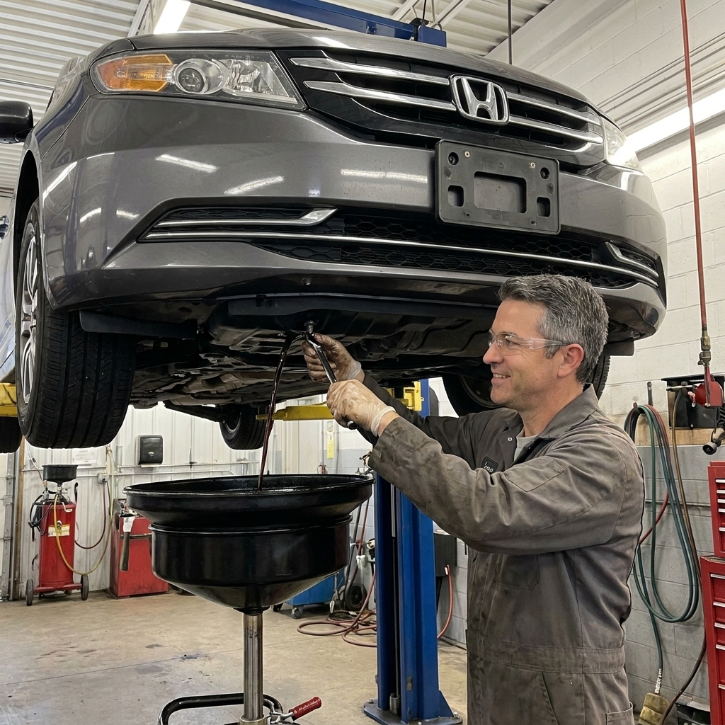 A technician performing a CVT fluid drain and fill on a Honda sedan on a lift, with a drain pan positioned under the transmission
