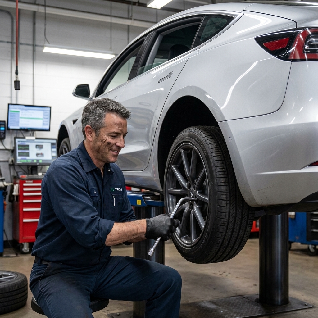 A technician rotating a wheel on an electric vehicle in a service bay with a lift