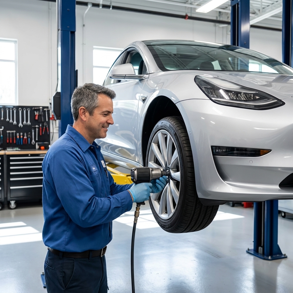 A technician rotating tires on an electric vehicle lifted on a service bay hoist in a clean repair shop