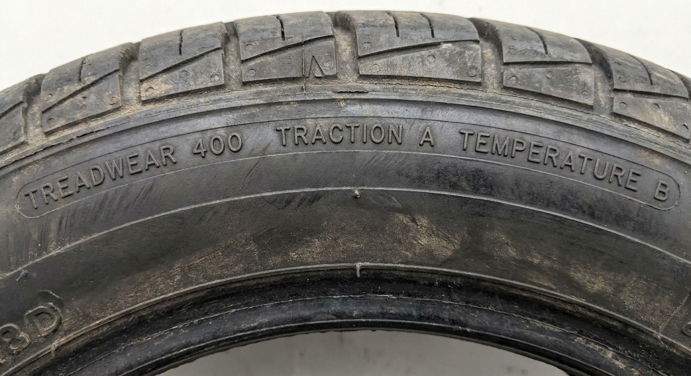 A tire sidewall showing UTQG treadwear, traction, and temperature ratings molded into the rubber