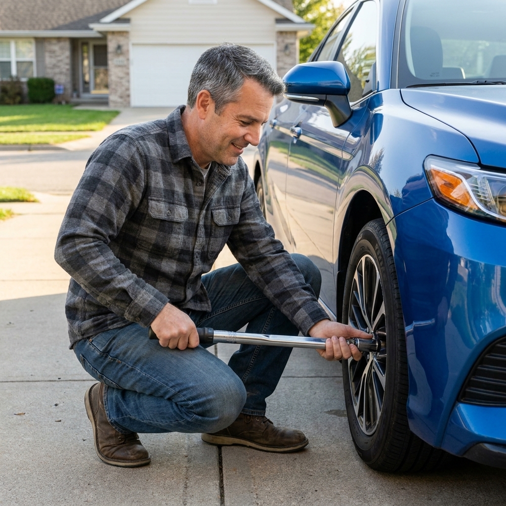 A torque wrench being used to tighten wheel lug nuts on a parked car in a driveway