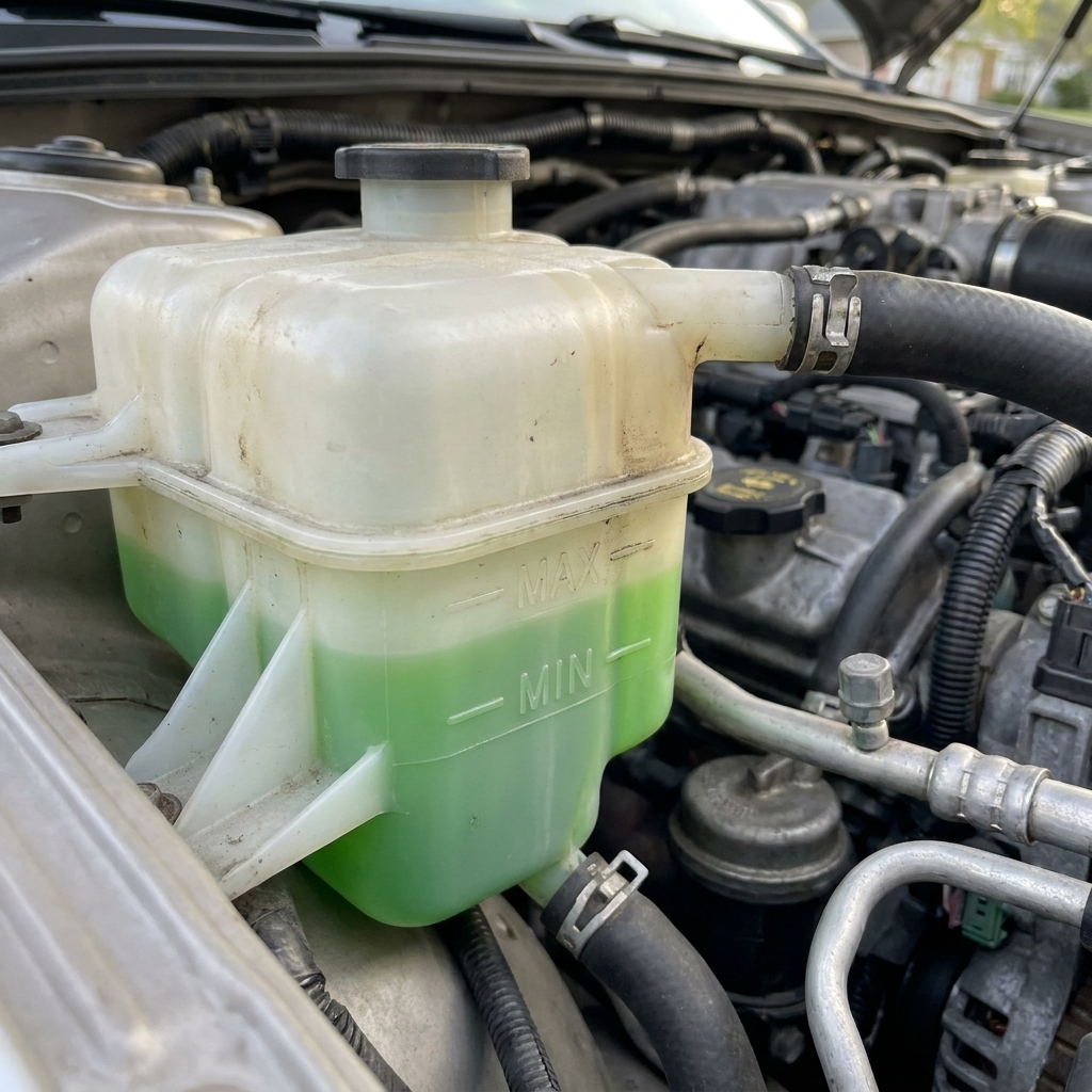 A translucent coolant overflow reservoir in an engine bay with molded MIN and MAX level marks visible