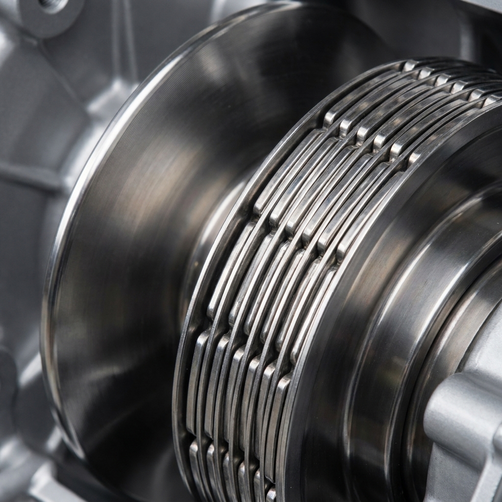 A view inside a Nissan Xtronic CVT showing the steel belt wrapped around the variable pulleys, with the pulley faces and belt elements visible