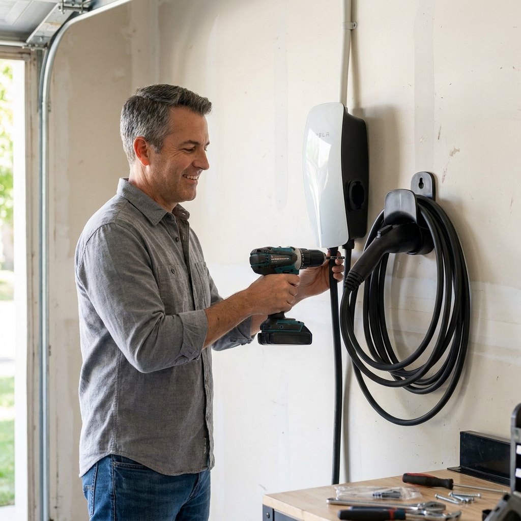 A wall-mounted Level 2 EV charger installed on a garage wall with a neatly coiled cable and connector holster