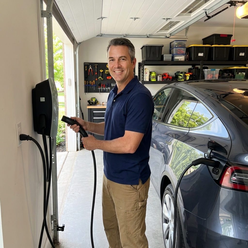 A wall-mounted Level 2 EV charger plugged into a 240V outlet in a tidy home garage, an electric vehicle parked nearby