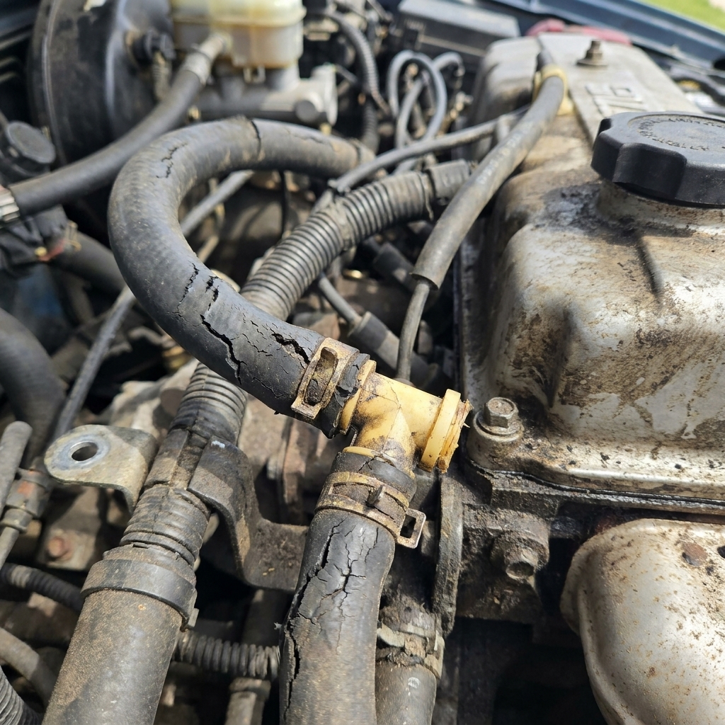 A worn rubber vacuum hose with visible cracking near a plastic fitting in a car engine bay.