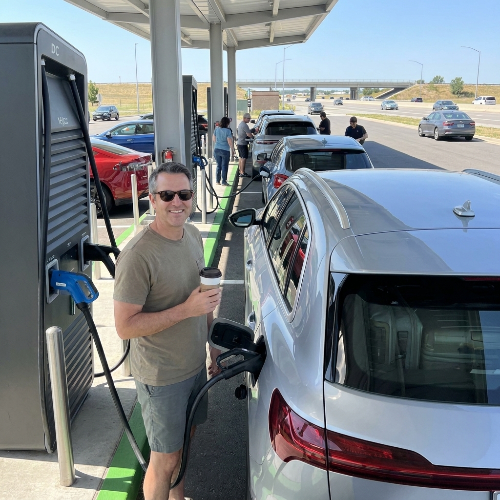 An EV plugged into a DC fast charger at a multi-stall highway charging station during a road trip, bright midday light