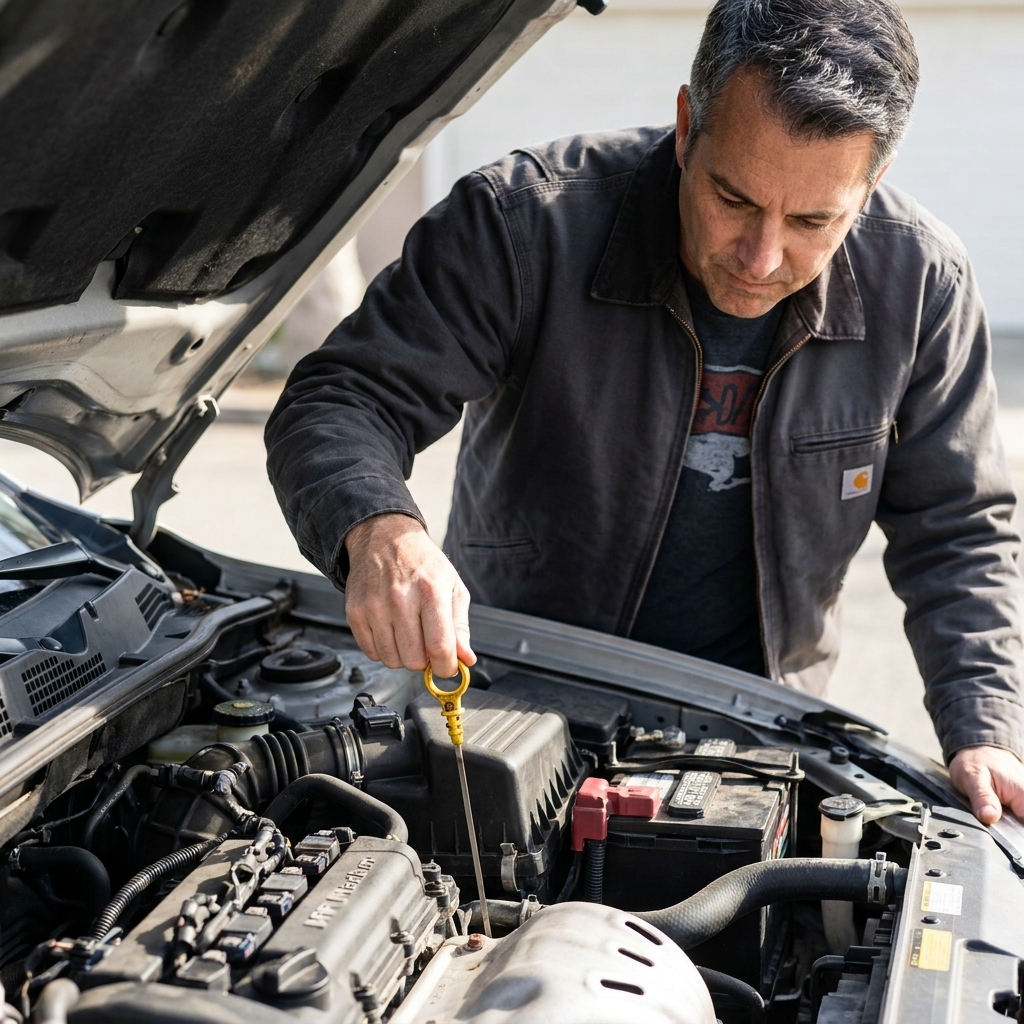 An automatic transmission dipstick handle being pulled up in an engine bay with the hood open