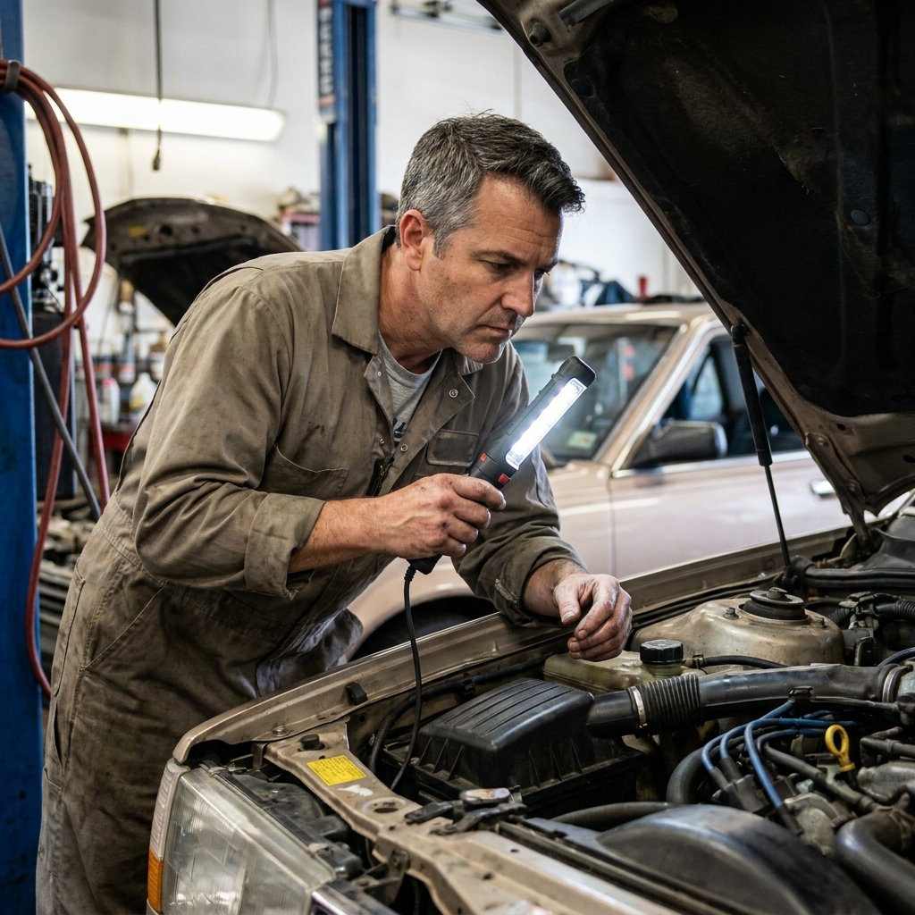 An automotive technician in a small independent repair shop with a car hood open, holding a work light and looking into the engine bay.