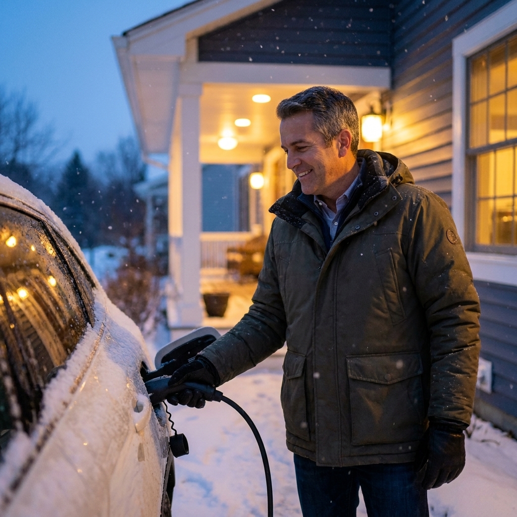An electric vehicle charging in a snowy driveway at dusk with a home charging cable connected and soft porch lighting