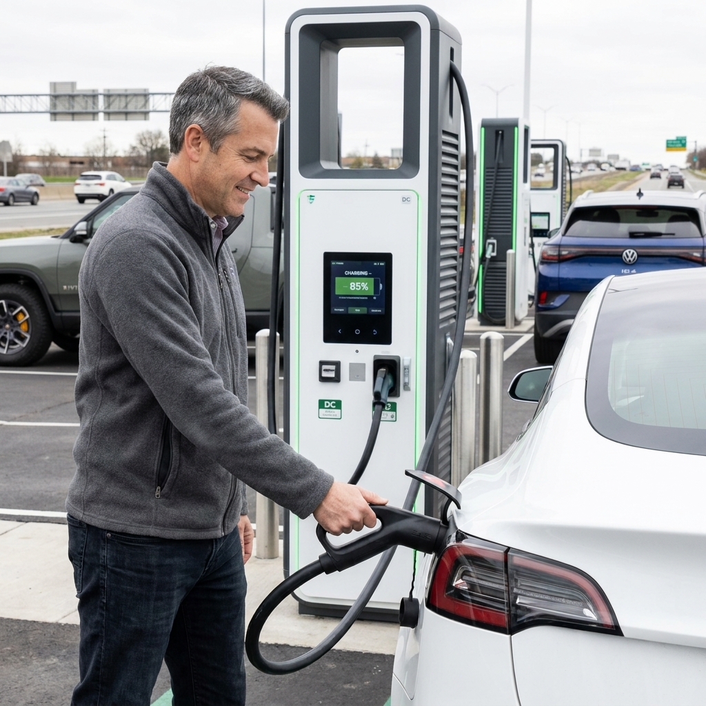 An electric vehicle plugged into a DC fast charger at a highway charging station with other chargers in the background