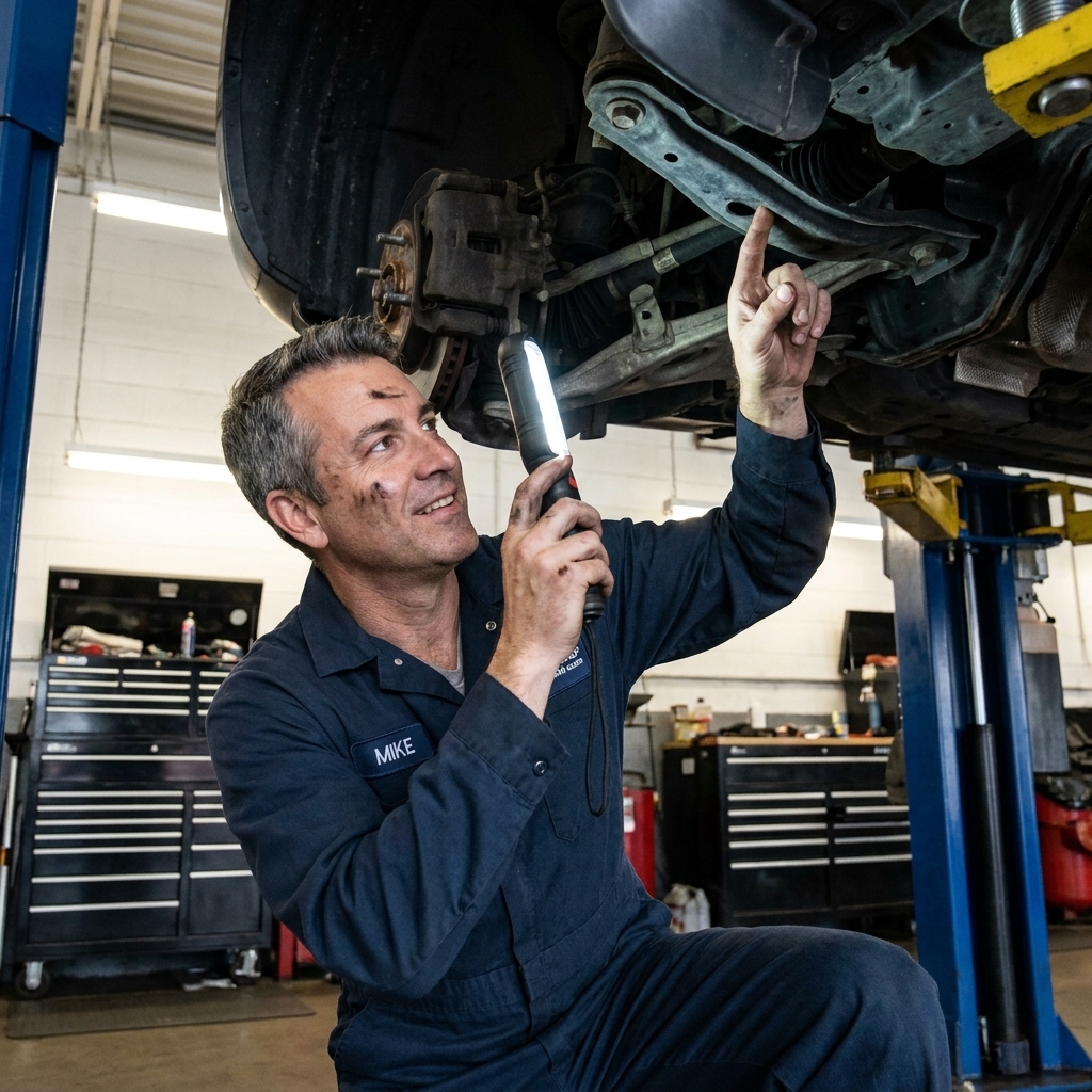 An independent mechanic using a flashlight to inspect a used car’s suspension components while the vehicle is raised on a lift