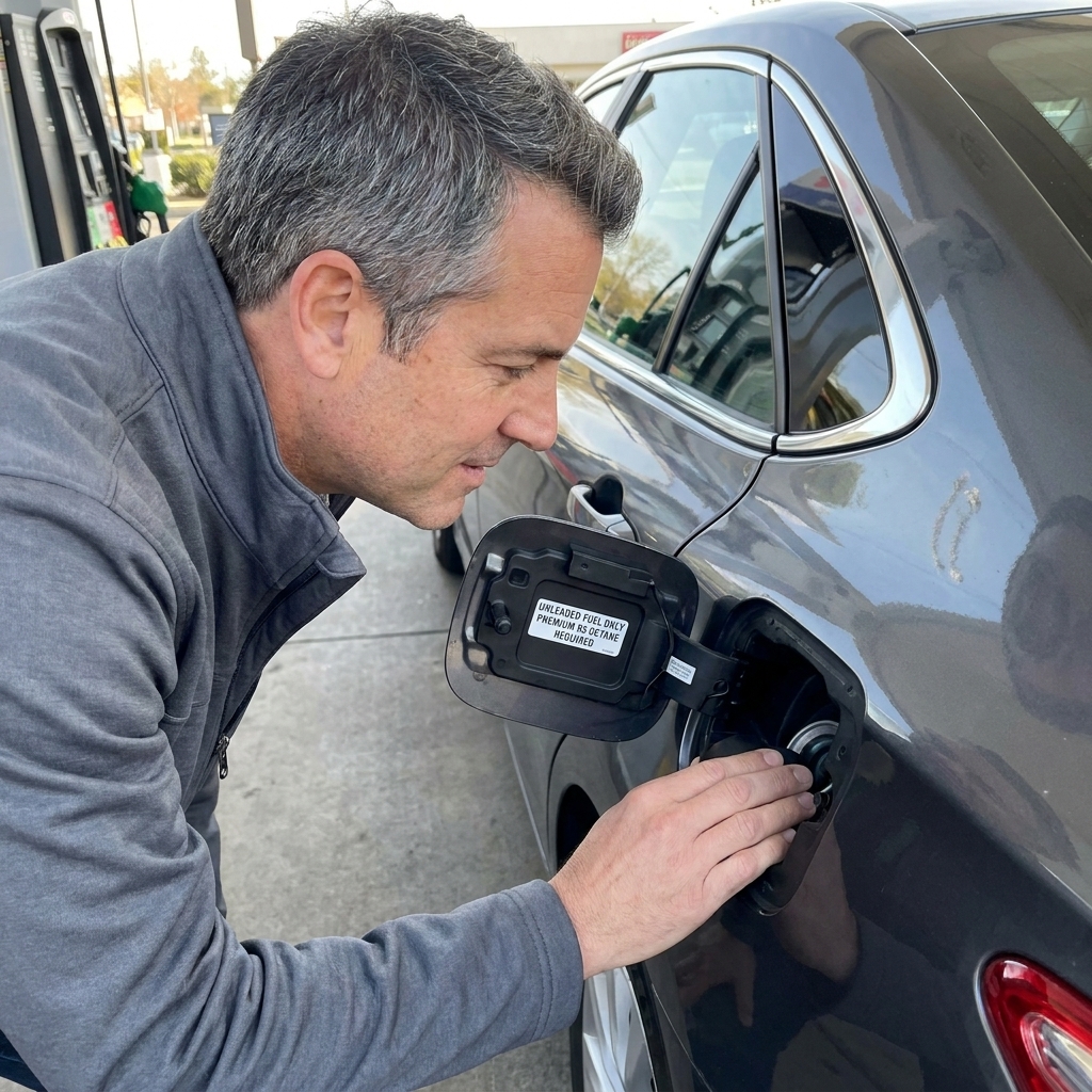 An open car fuel filler door showing the manufacturer label that specifies the required gasoline octane rating