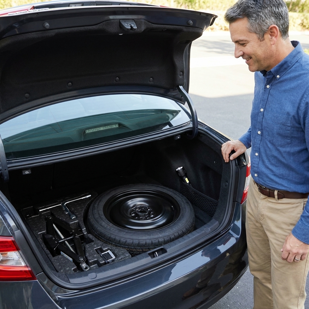 An open car trunk showing a compact spare tire, scissor jack, lug wrench, and a small flashlight arranged neatly