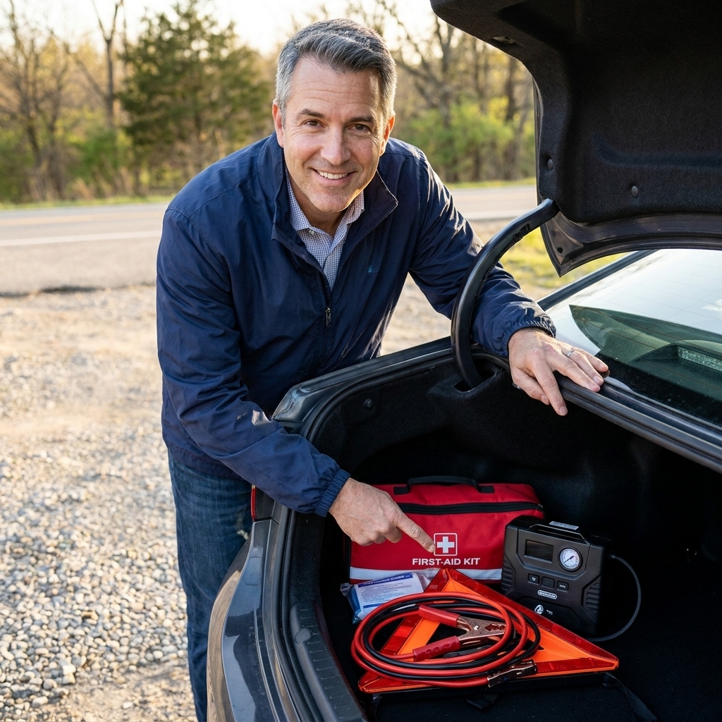 An open car trunk showing a neatly packed roadside emergency kit next to a compact tire inflator