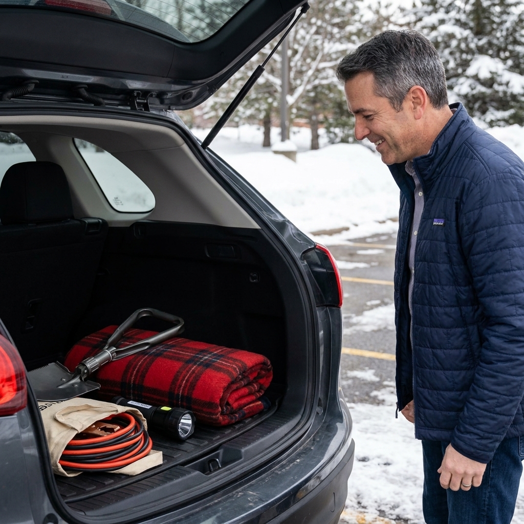 An open car trunk showing a neatly packed winter emergency kit with a small shovel, blanket, flashlight, and jumper cables