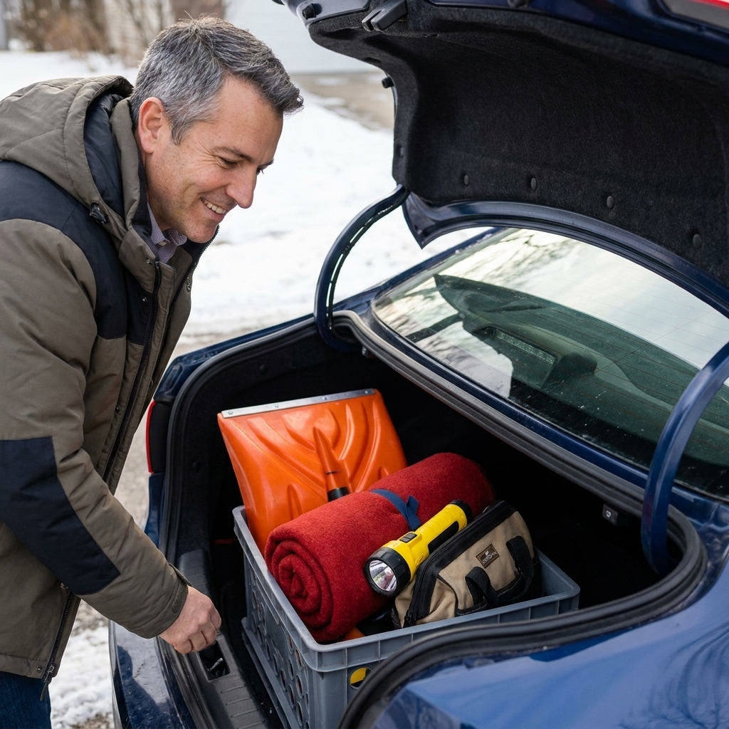 An open car trunk with a neatly organized winter emergency kit including a shovel, blanket, flashlight, and small tool bag