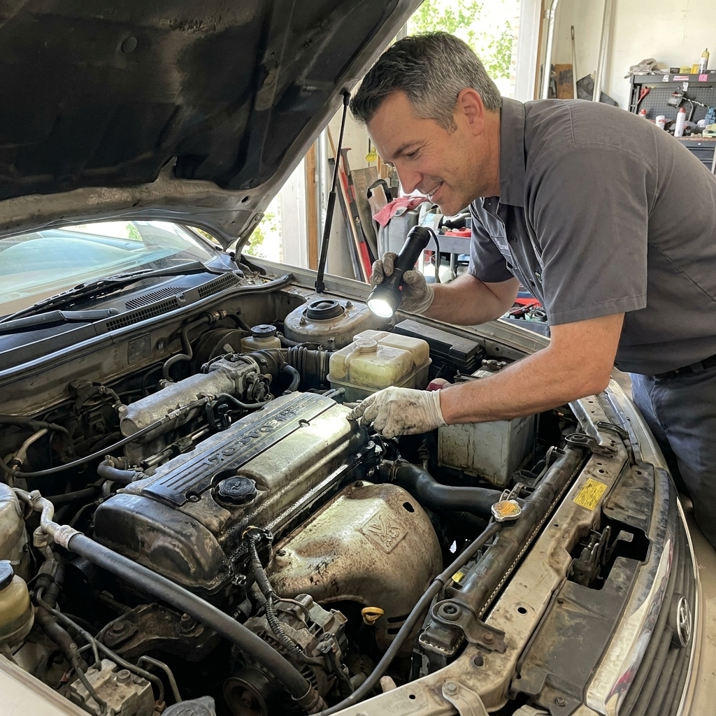 An open engine bay of a used car with a flashlight shining on the valve cover and fluid reservoirs