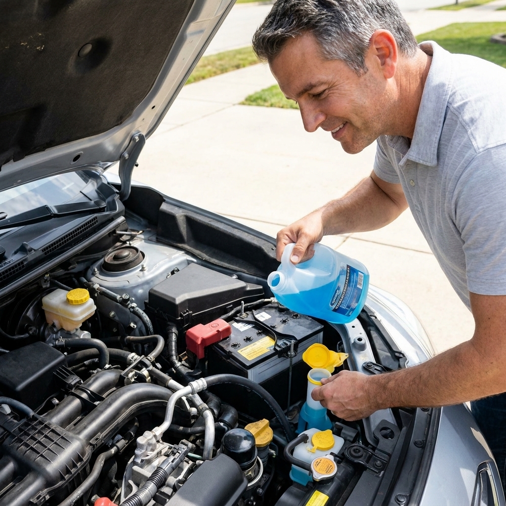 An open windshield washer fluid reservoir cap in an engine bay, with a blue washer fluid bottle positioned nearby