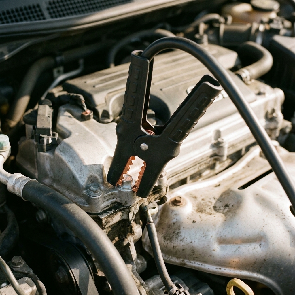 Black jumper cable clamp attached to a clean metal bolt on an engine block away from the battery