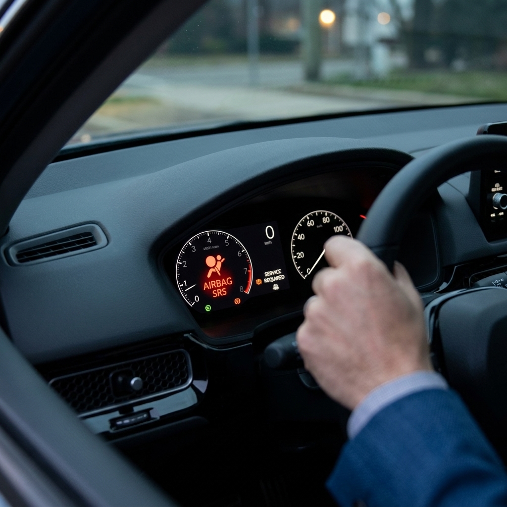 Close-up of an instrument cluster showing an illuminated airbag SRS warning icon on a modern vehicle dashboard