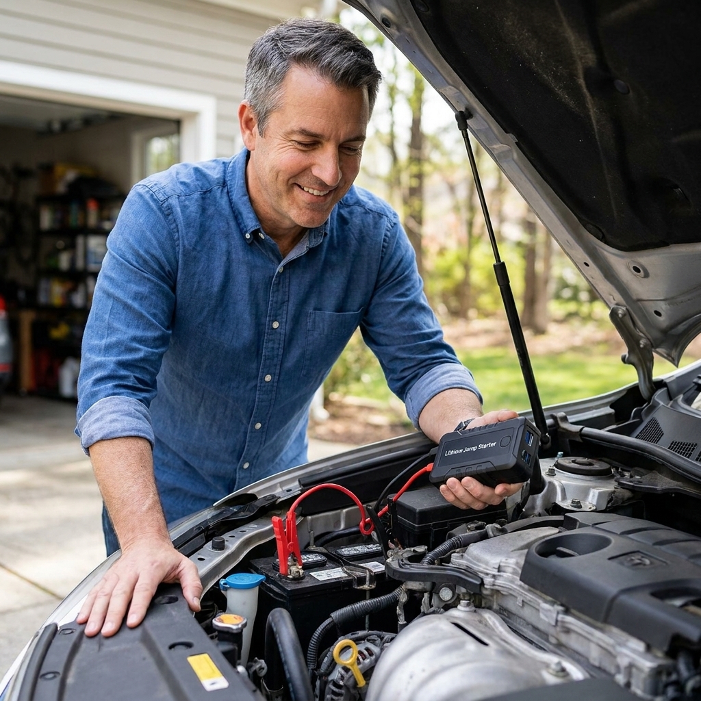Compact lithium jump starter connected to a vehicle battery in an open engine bay