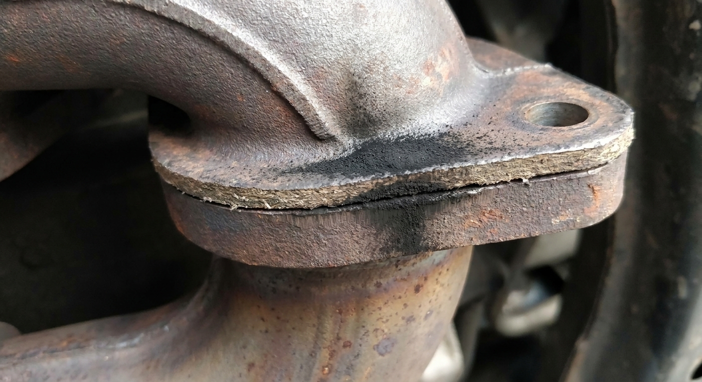 Dark soot marks near an exhaust manifold gasket seam, suggesting a small exhaust leak.