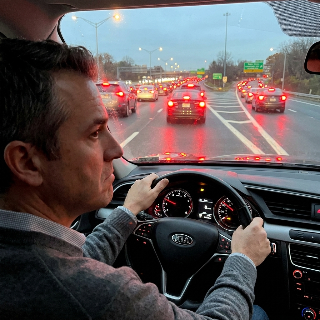 Evening highway traffic with multiple cars ahead showing red brake lights as lanes compress, with clear lane lines and visibility