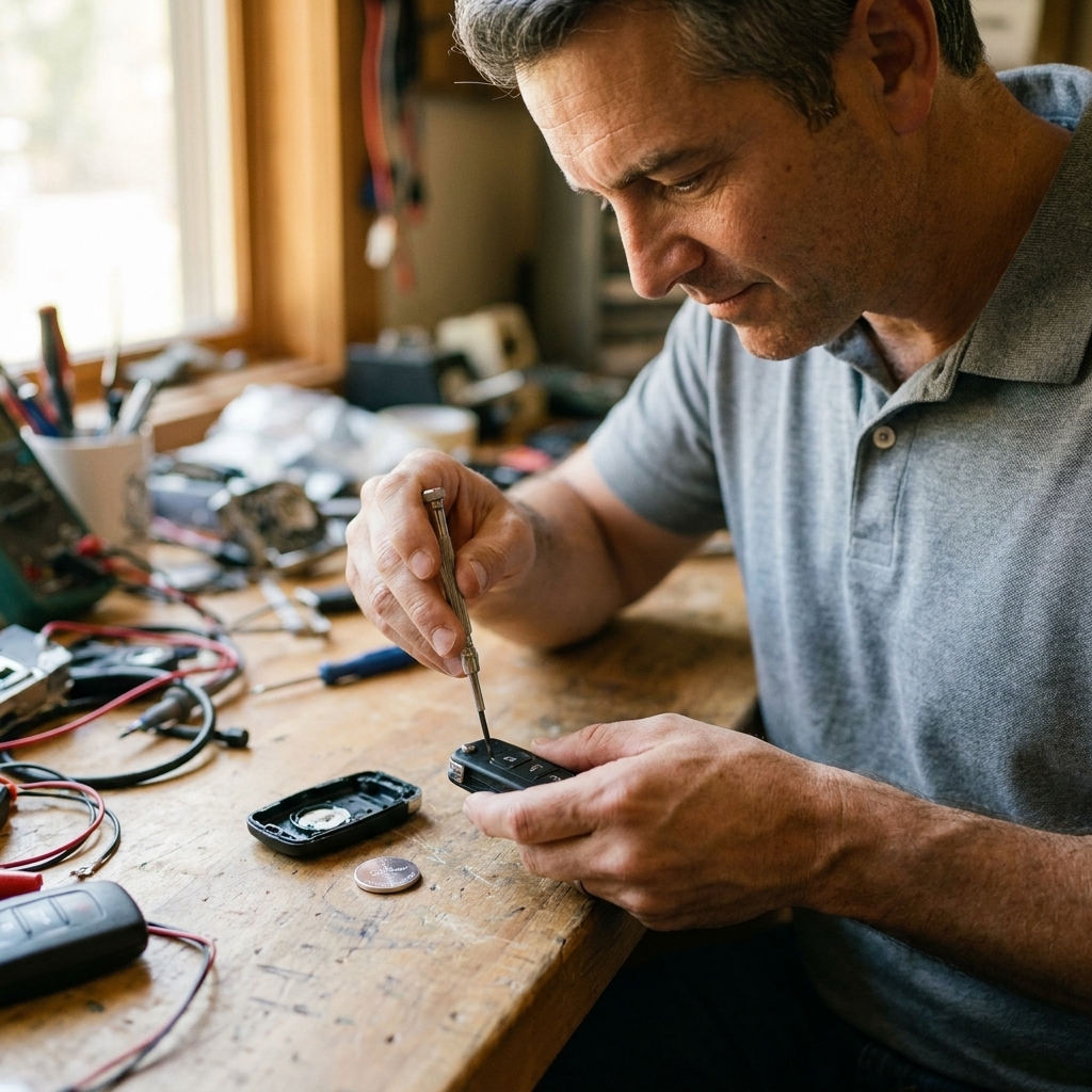 Hands replacing the battery in a car key fob on a workbench using a small screwdriver