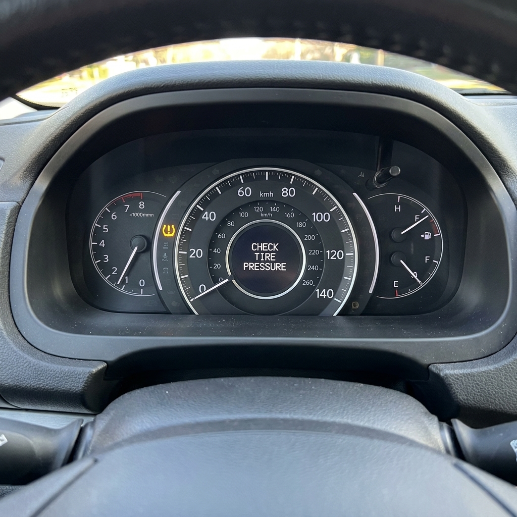 Instrument cluster showing an illuminated low tire pressure TPMS symbol on a car dashboard