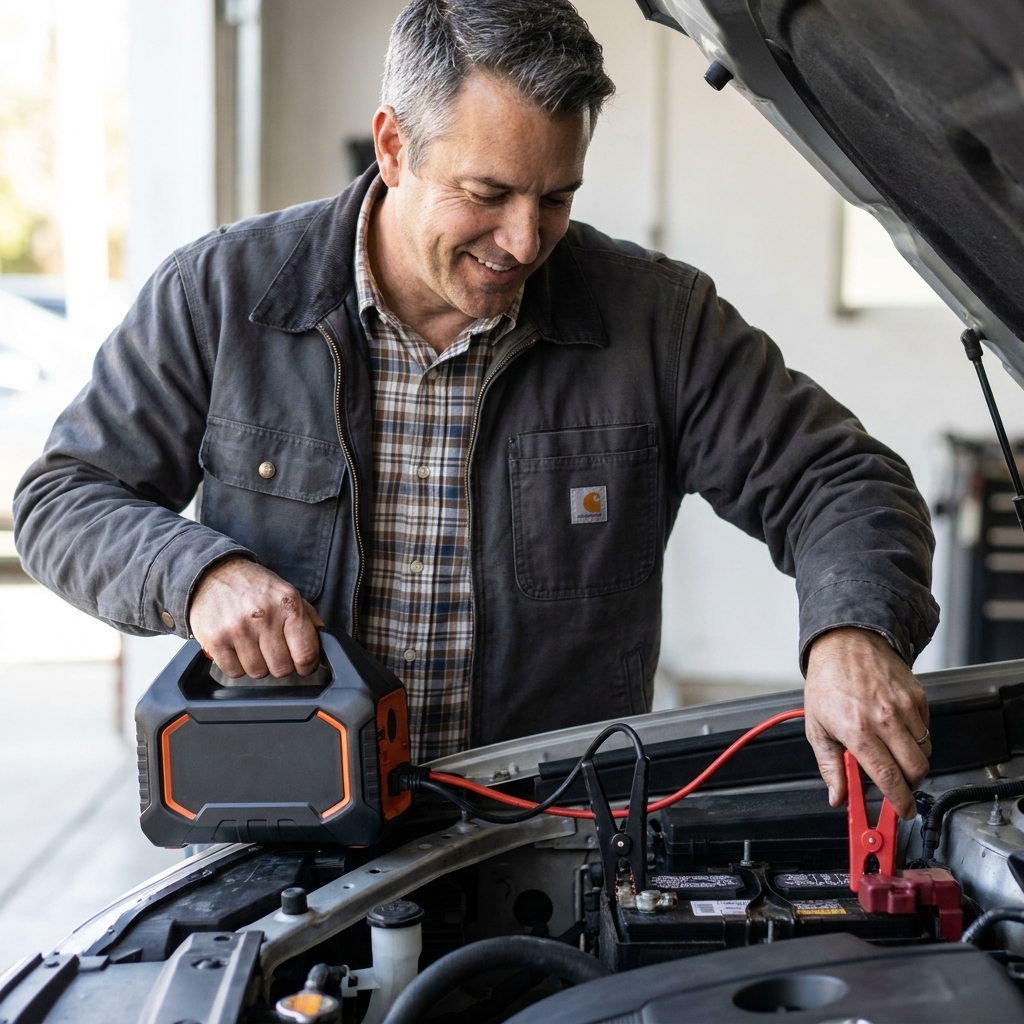 Portable jump starter sitting on the edge of an engine bay with clamps connected to positive and a nearby ground point