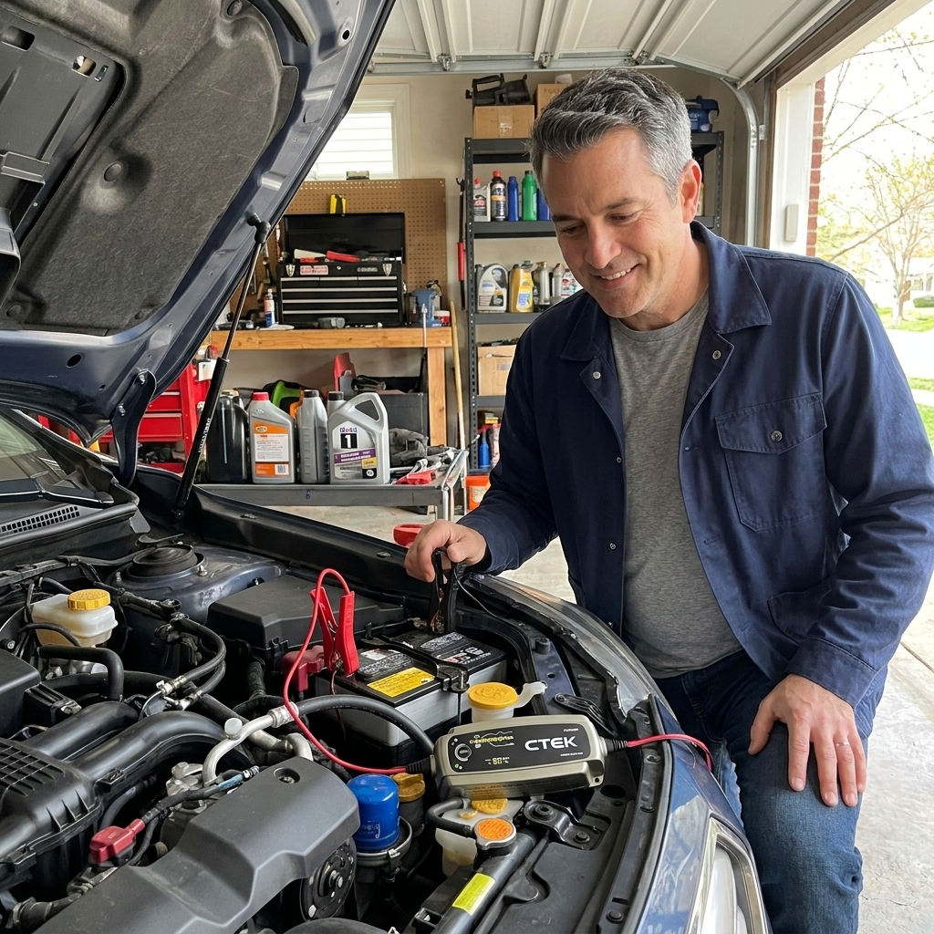 Smart battery charger connected to a car battery in a home garage with the hood open