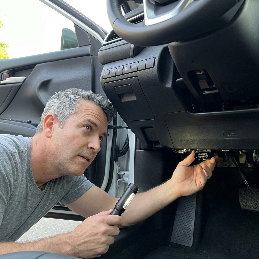 The 16-pin OBD2 diagnostic port mounted under the steering column in a modern car