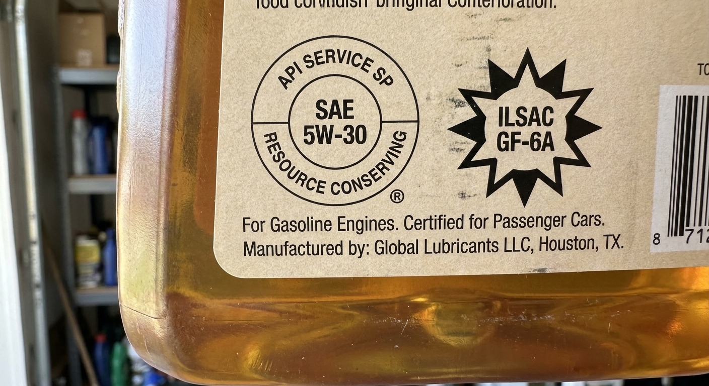 The back label of a motor oil bottle showing the API SP donut and the ILSAC GF-6 certification mark