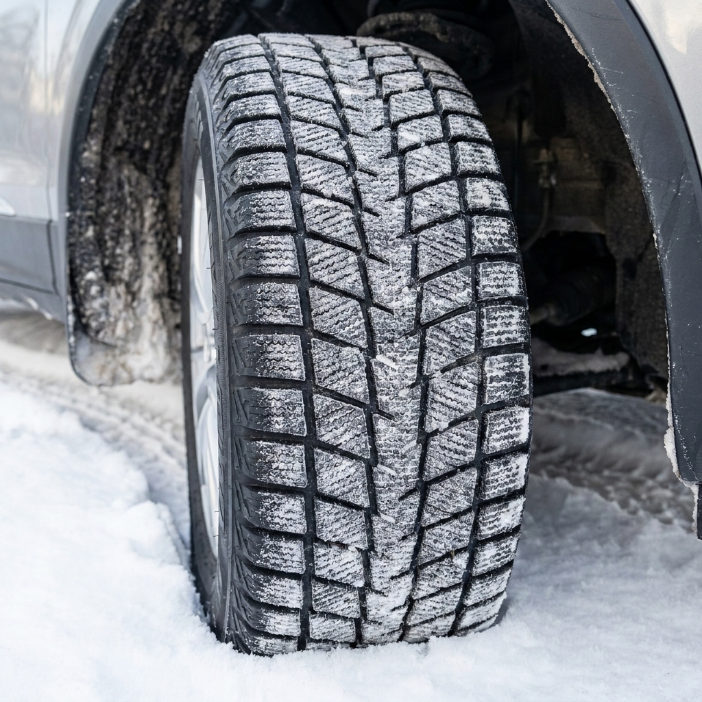 Winter tire tread with deep grooves and siping, mounted on a car parked on packed snow